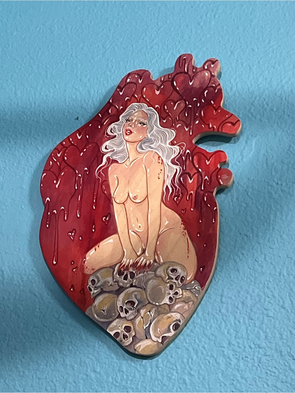 Hand-Painted Anatomical Heart Plaque with Pin-Up Artwork - Red, Cream, Gray